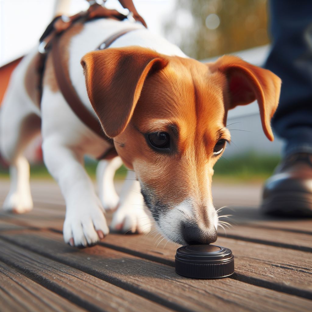 Hund stupst eine Gegenstand an